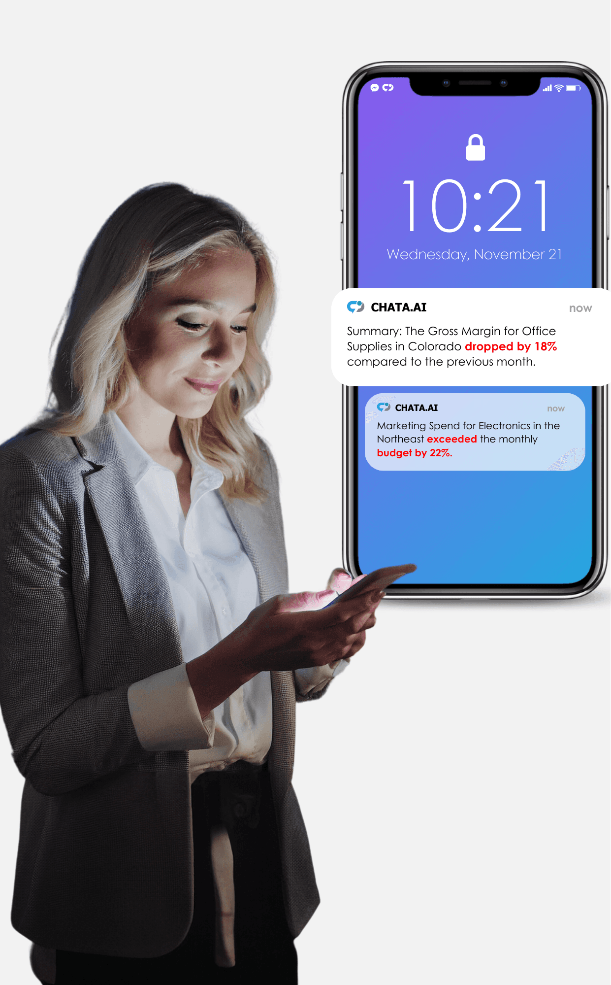 Image of a professional man using his mobile phone to access Chata.ai for data exploration