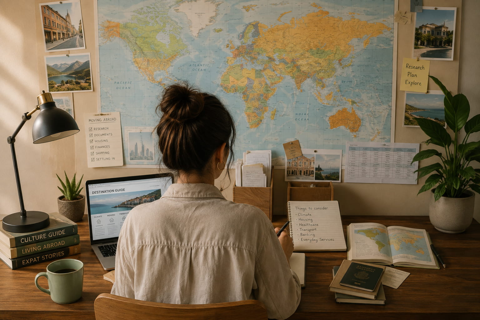 Person researching a destination for an international relocation using a world map and travel information. 