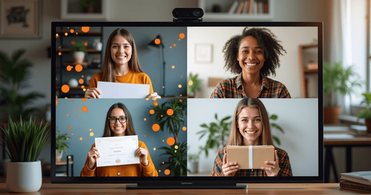 Pessoas posando para foto em frente a televisão.