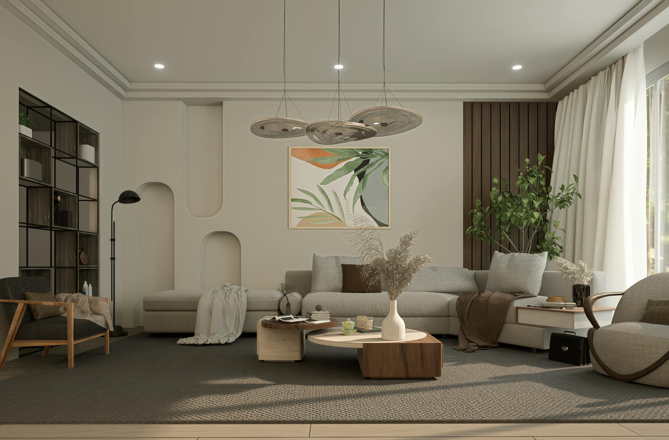 Modern living room with a cozy atmosphere, featuring a beige sectional sofa, abstract art, and a potted plant. Soft lighting and neutral tones enhance calmness.