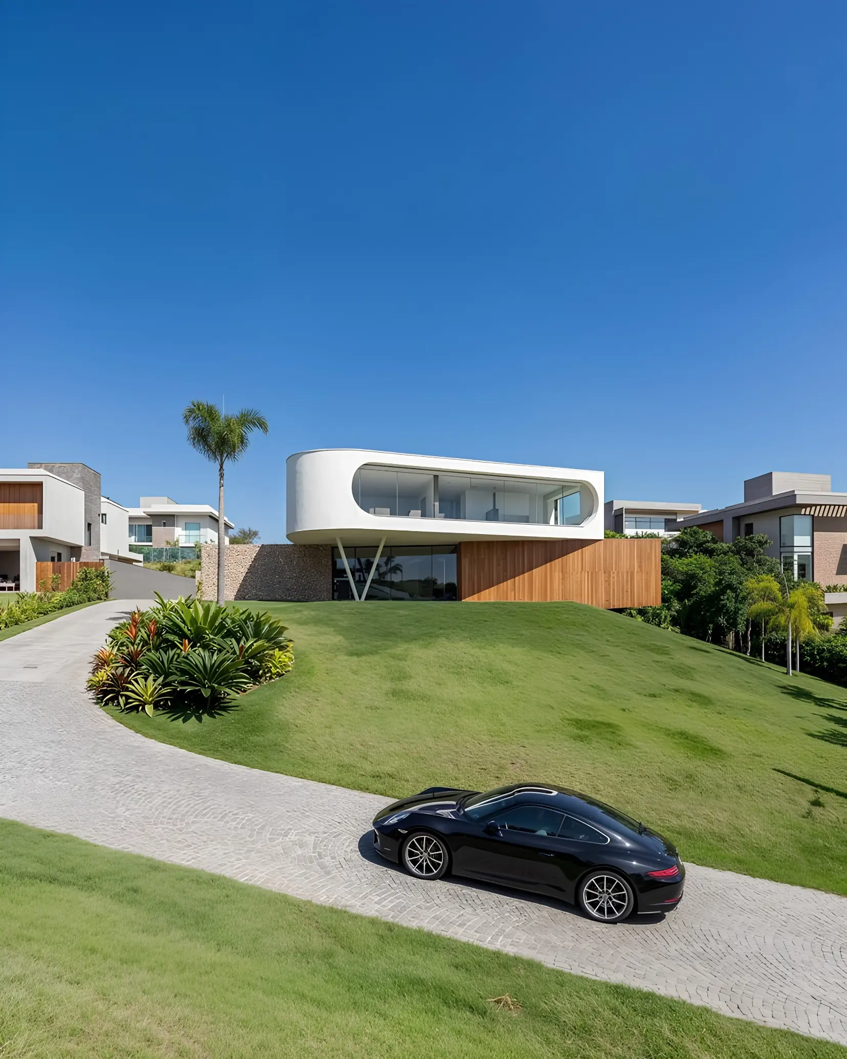 Modern triangular building with a water fountains