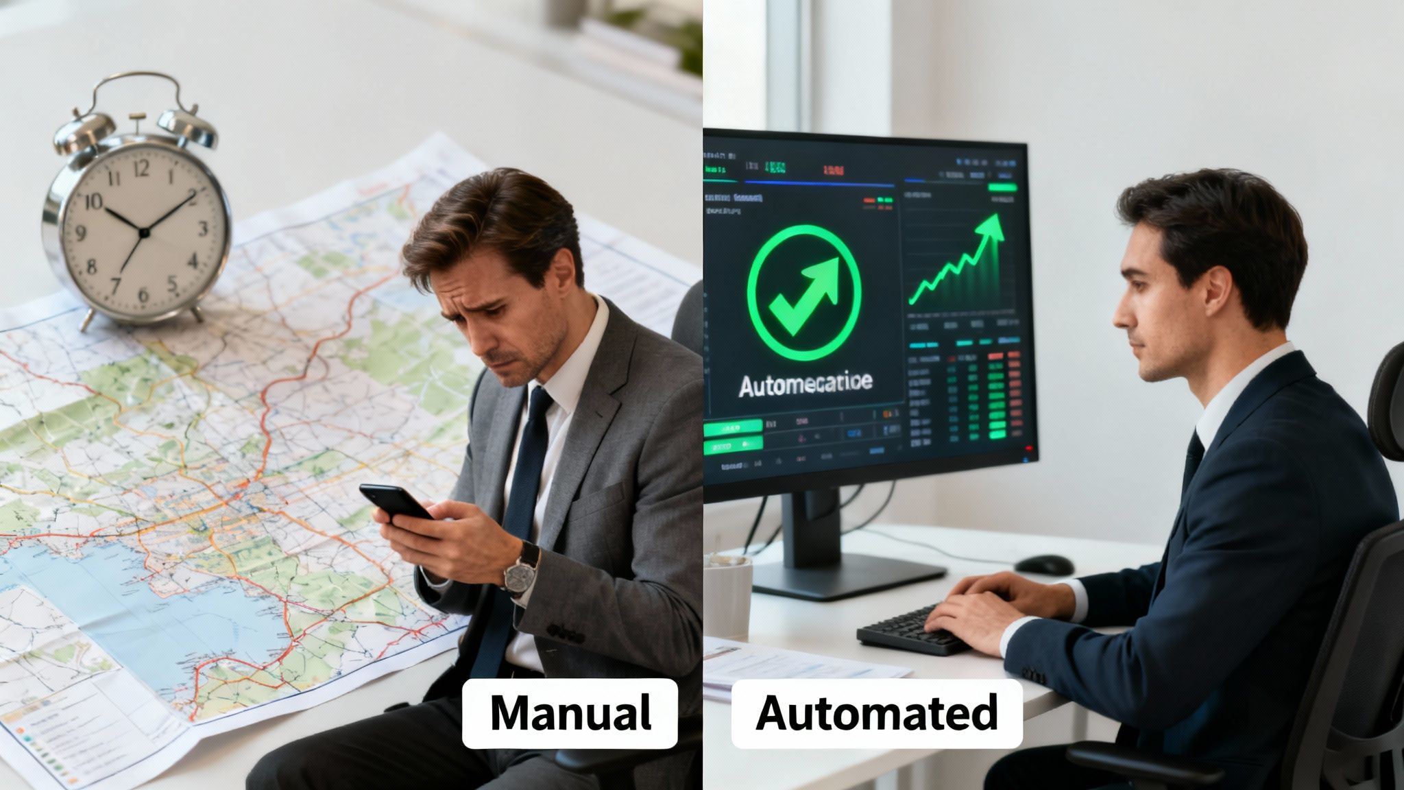 A split image showing a man struggling with a map vs. a man succeeding with automation.
