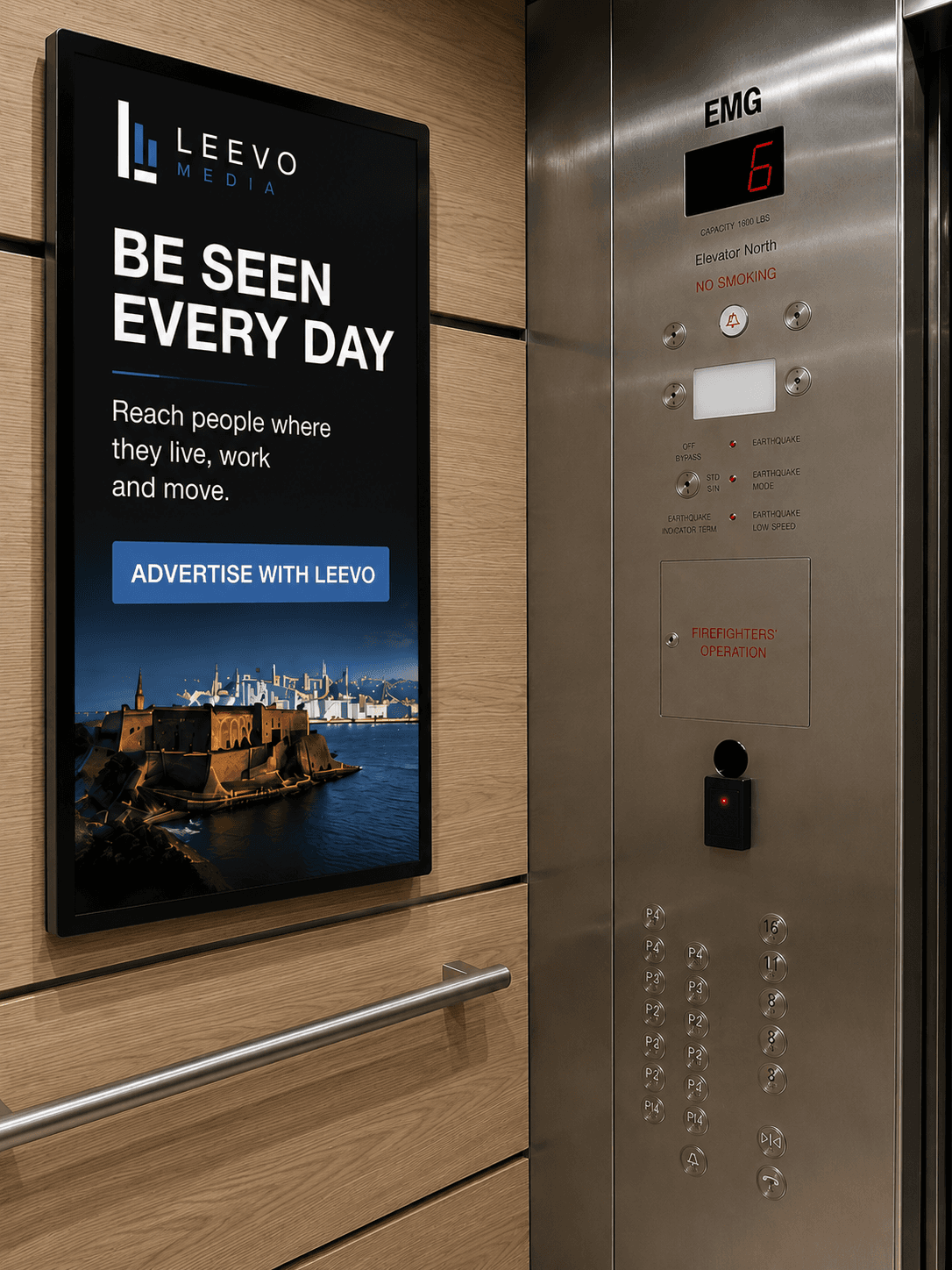 Leevo Media digital display integrated inside a premium elevator