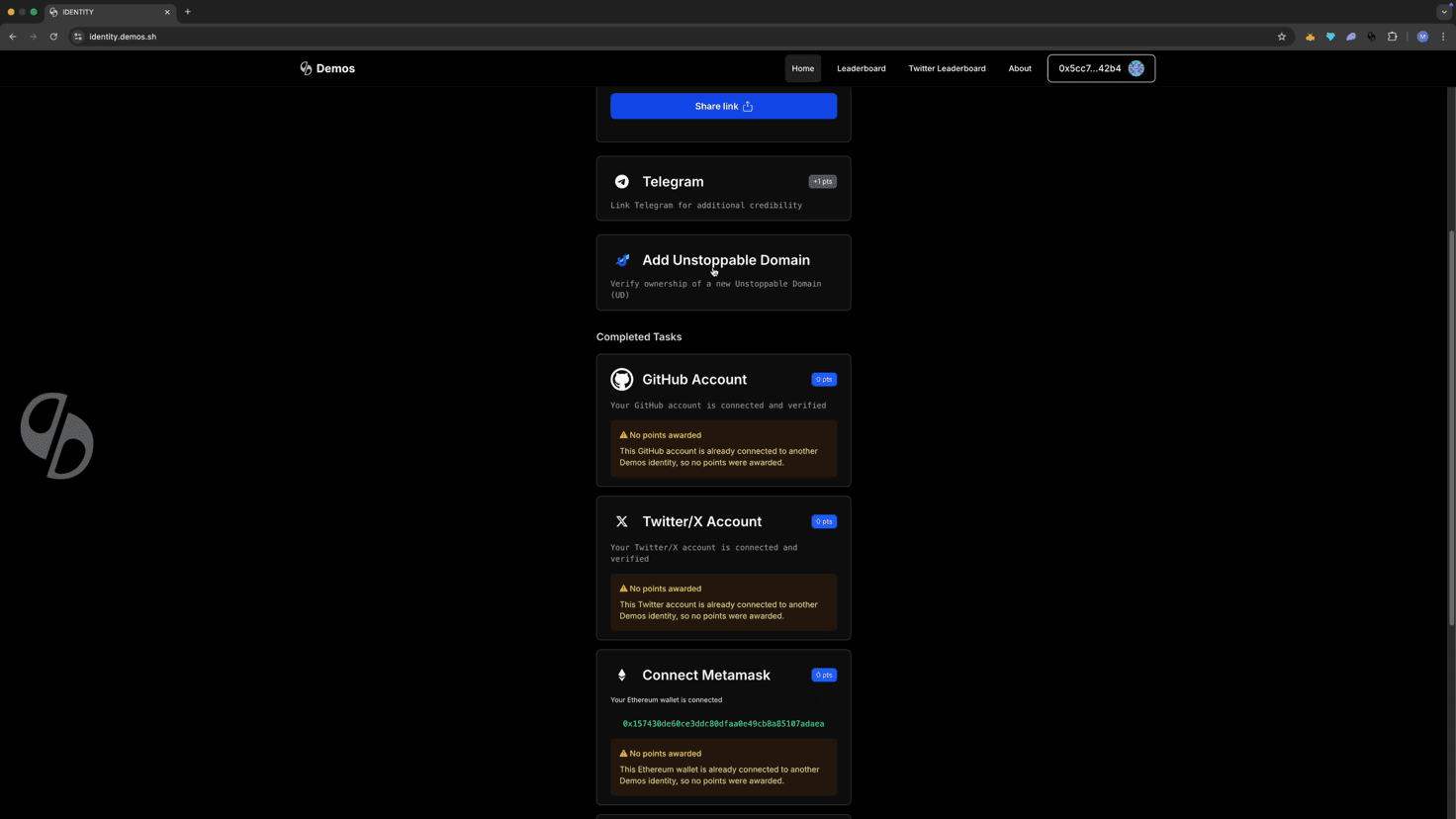 Add Unstoppable Domain button