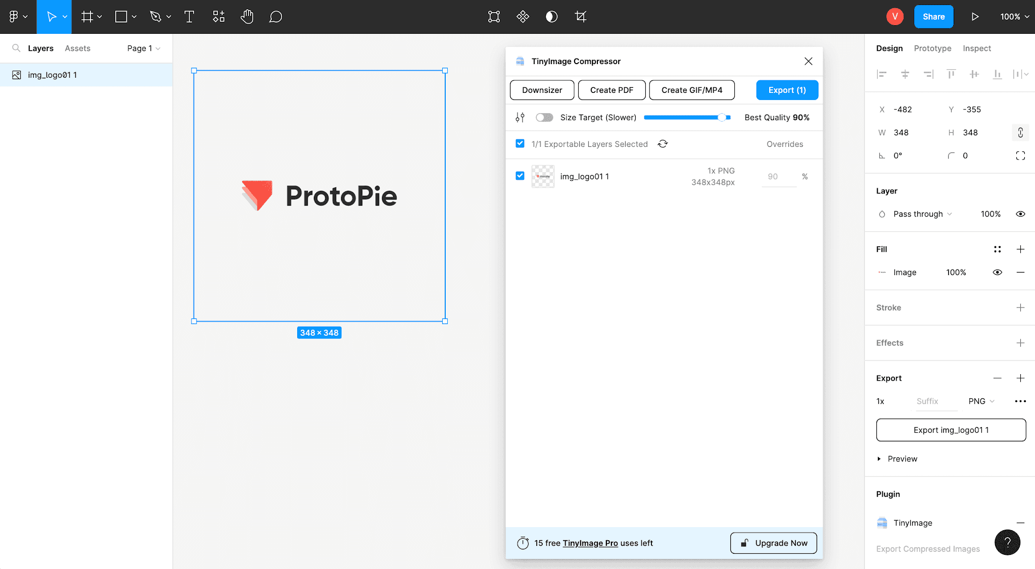 compressing the protopie logo inside figma using tinyimage compressor