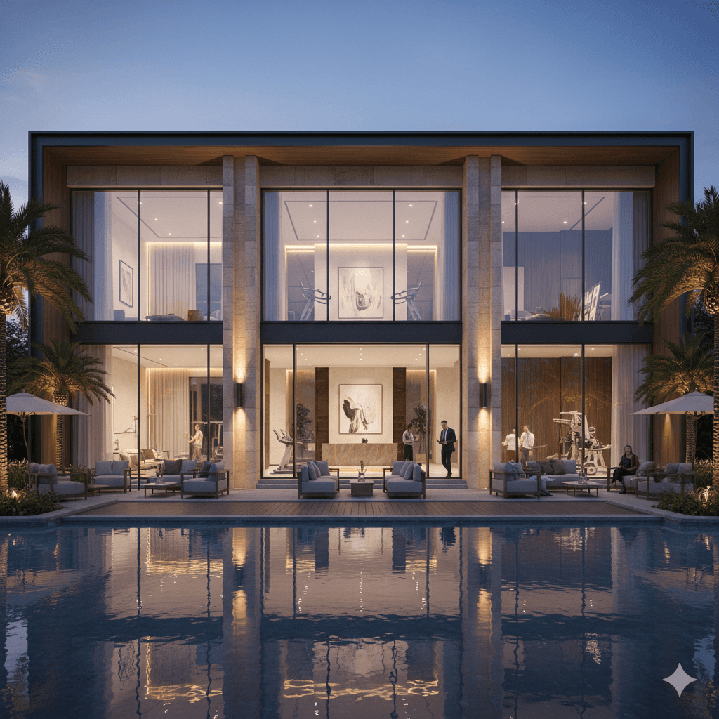 Contemporary residential clubhouse building with swimming pool