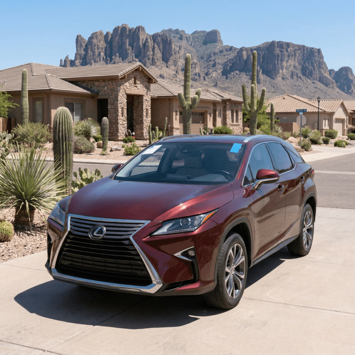 Red Lexus RX parked among saguaro cacti in Holbrook, Arizona with a freshly replaced windshield