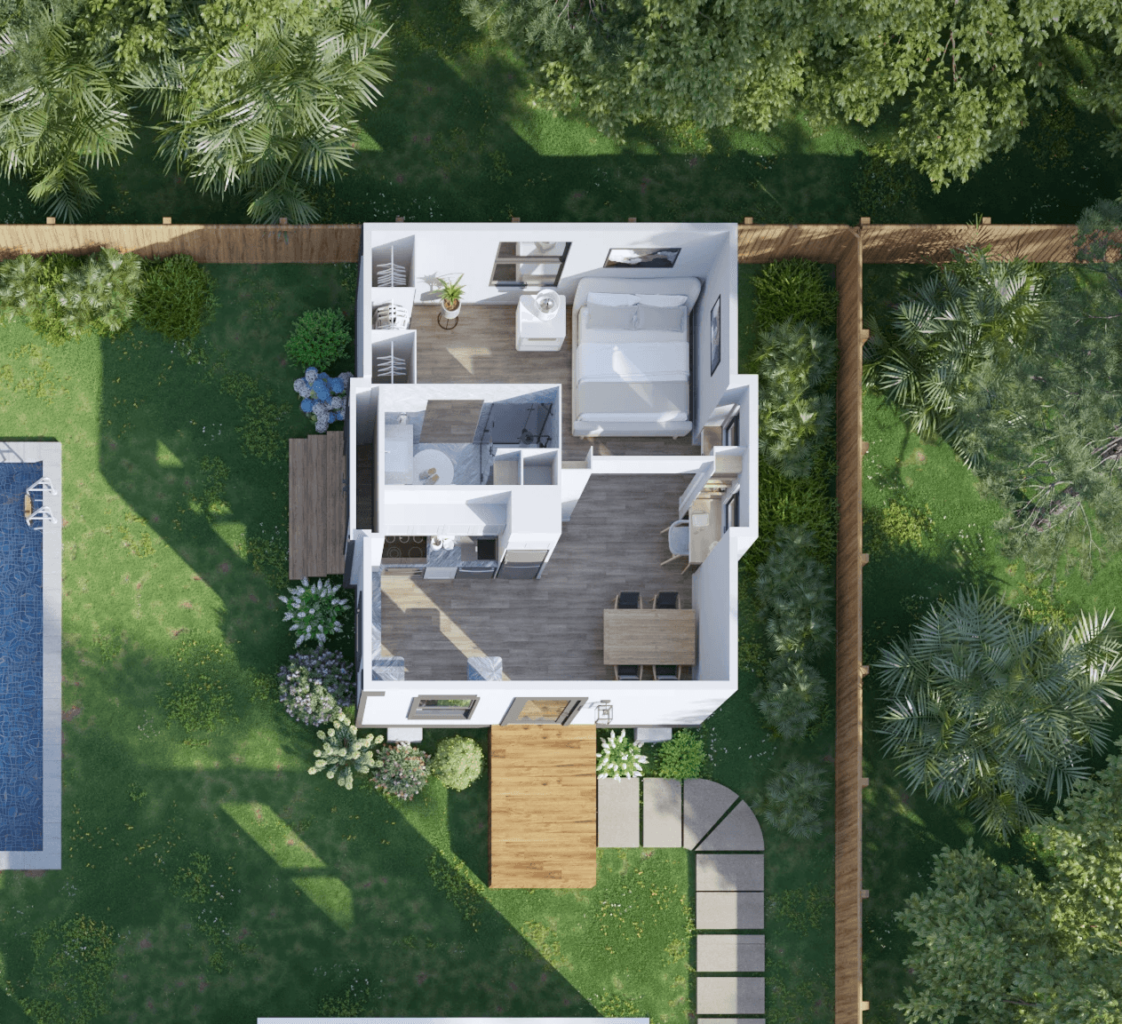 Interior floor plan layout of a compact backyard ADU showing living area, bedroom, kitchen, and bathroom.