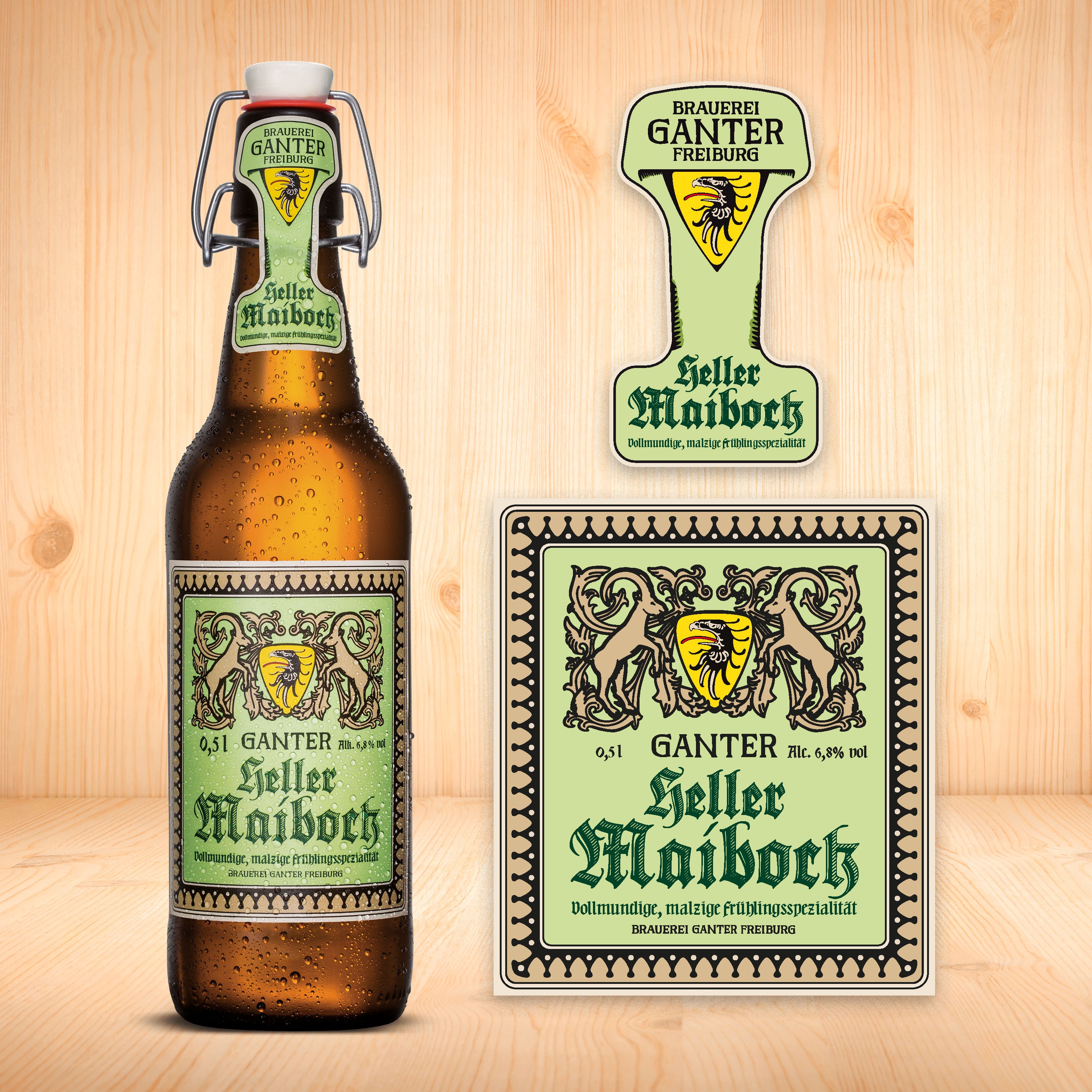 Flaschendesign für Ganter Bier Spezialitäten – klassisches Bieretikett neu interpretiert mit klarer Struktur und authentischer Farbwelt