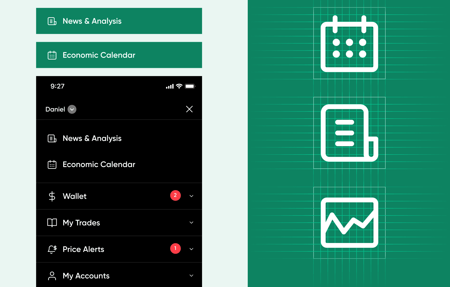 Menu components and icons.