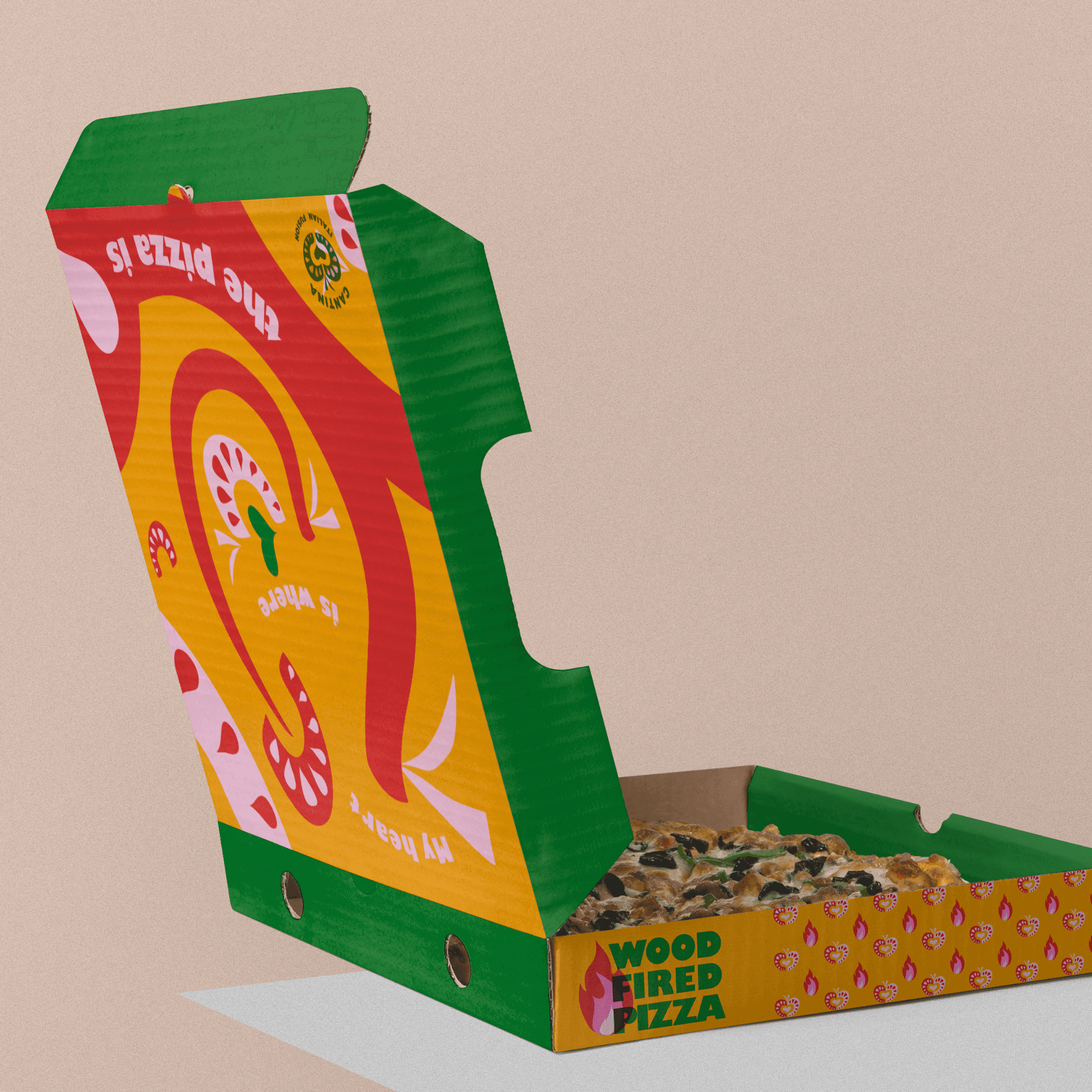 Bold, abstract poster artwork with orange and pink shapes.