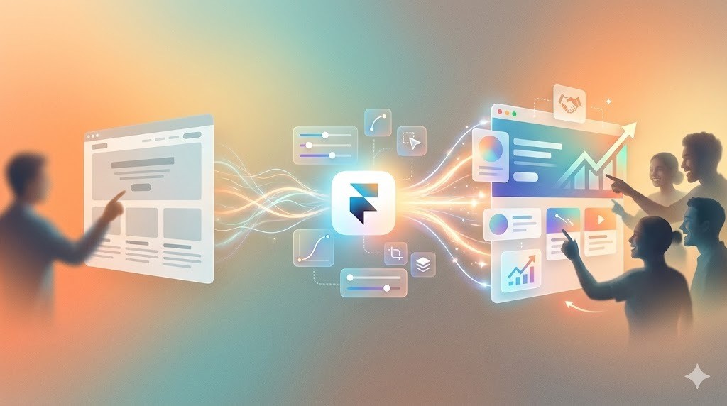 Ilustración con el logo de Framer al centro, conectando una web básica a la izquierda con un panel de rendimiento y crecimiento a la derecha, como si optimizaras una landing page para SEO y mejores resultados