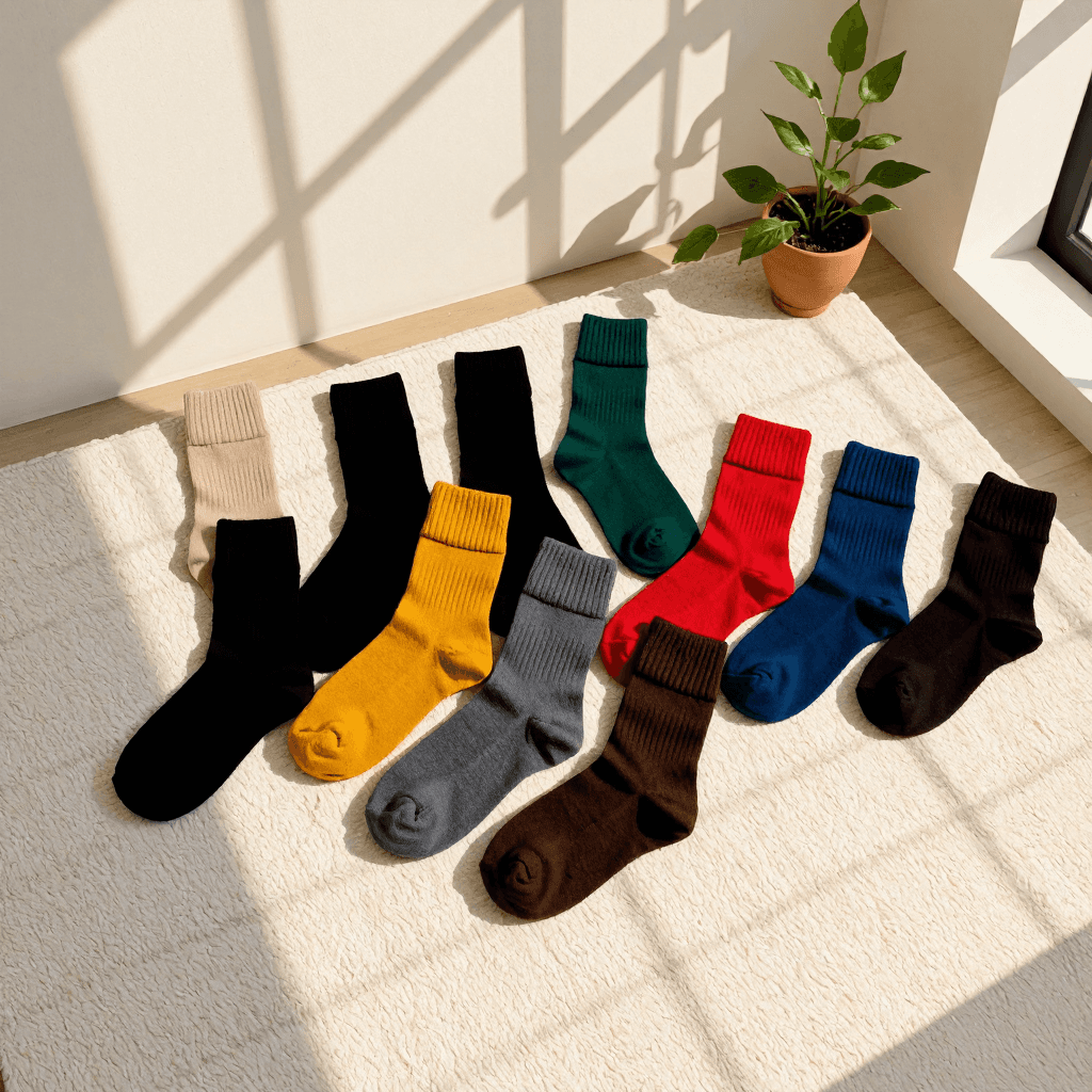 product photography of a set of socks in various colors