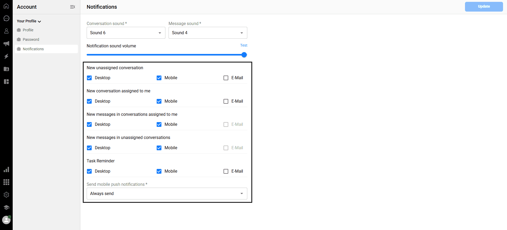 Configuring web, mobile, and email notification channels for assigned and unassigned chats in Qpien.