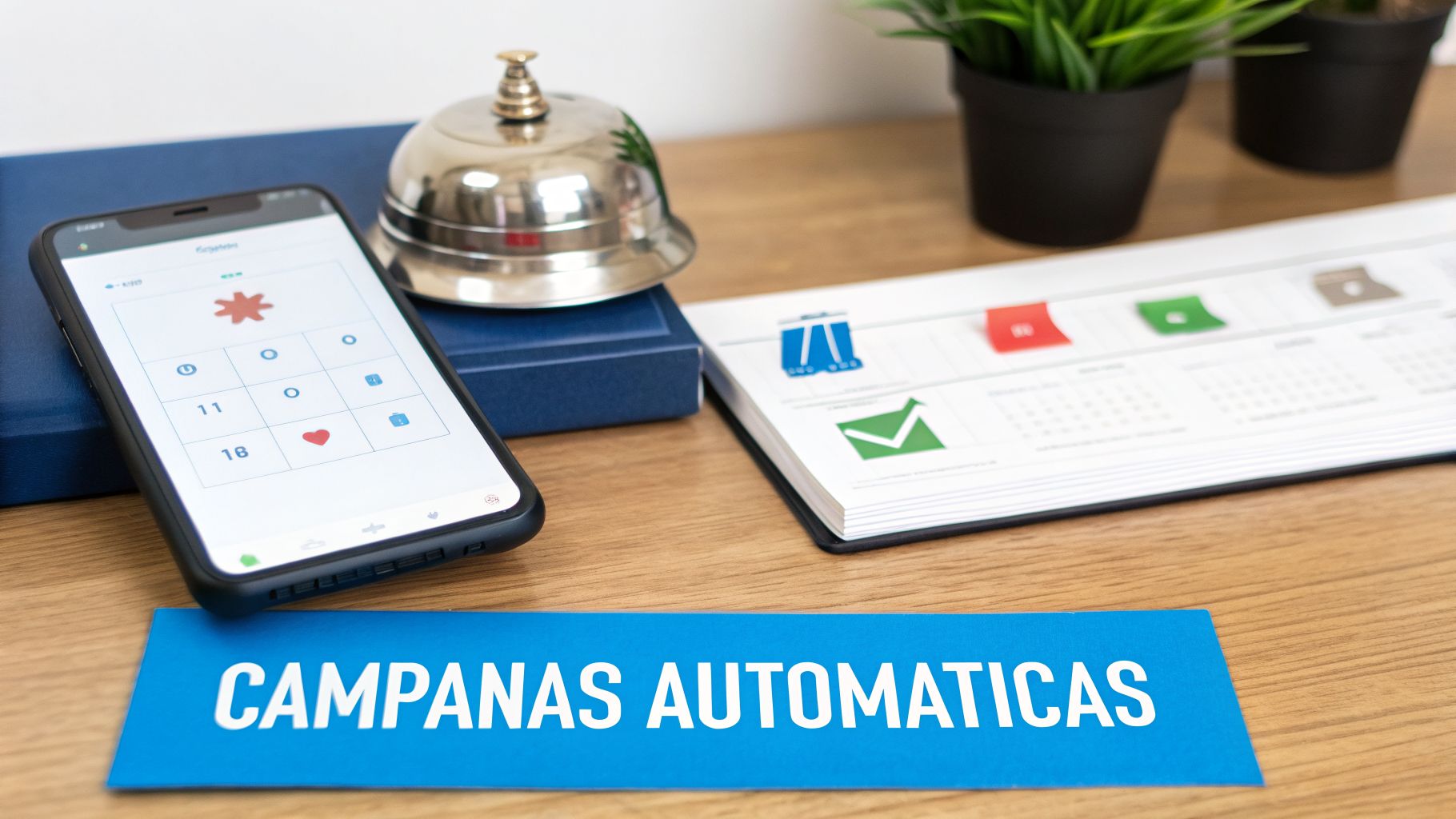 Teléfono móvil con app de gestión de tareas, campana de servicio y calendario junto a texto 'CAMPANAS AUTOMATICAS'.