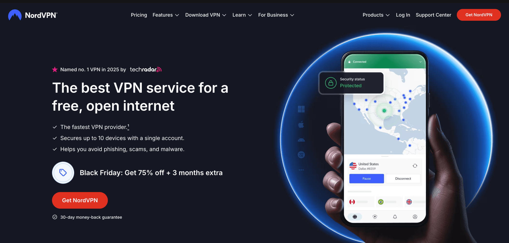 NordVPN website homepage highlighting its Black Friday offer — “75% off + 3 months extra” — with a phone showing a connected VPN map and “Security status: Protected.”