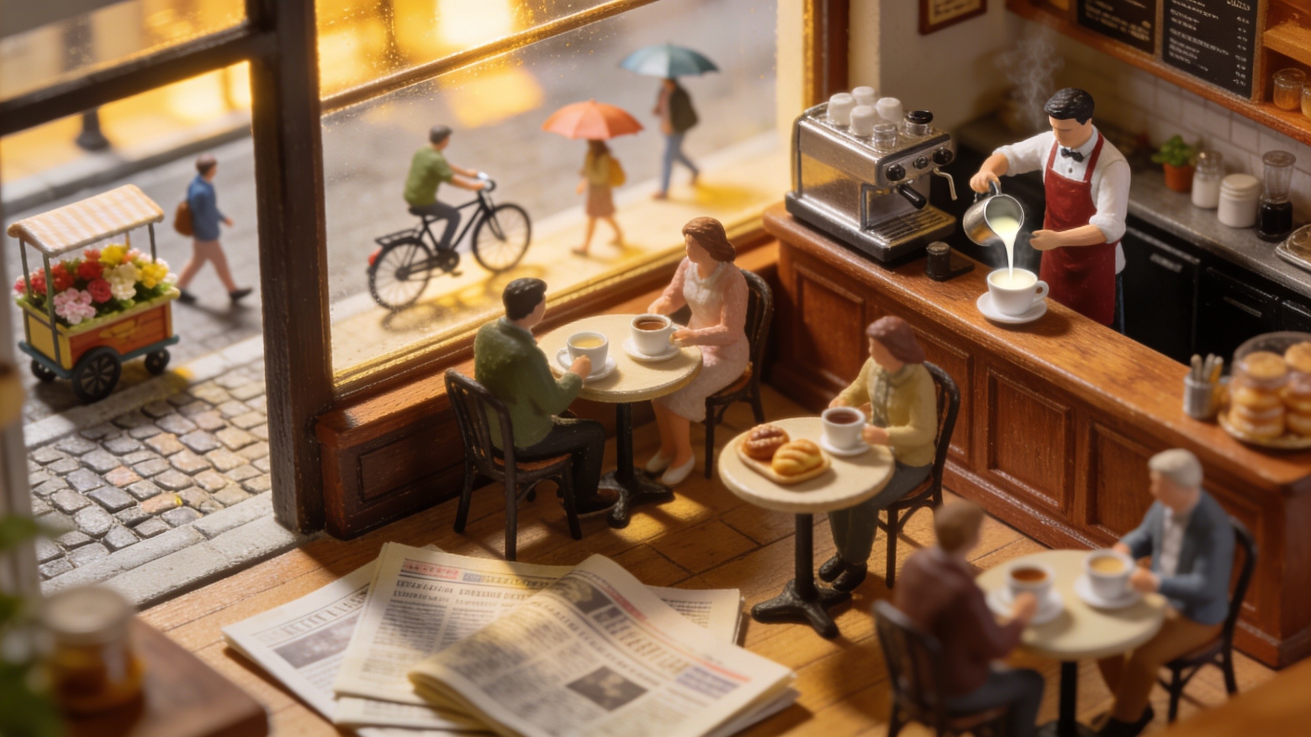 miniature people inside cafe and street activity, ultra realistic tiny world, detailed textures, natural lighting, 4k