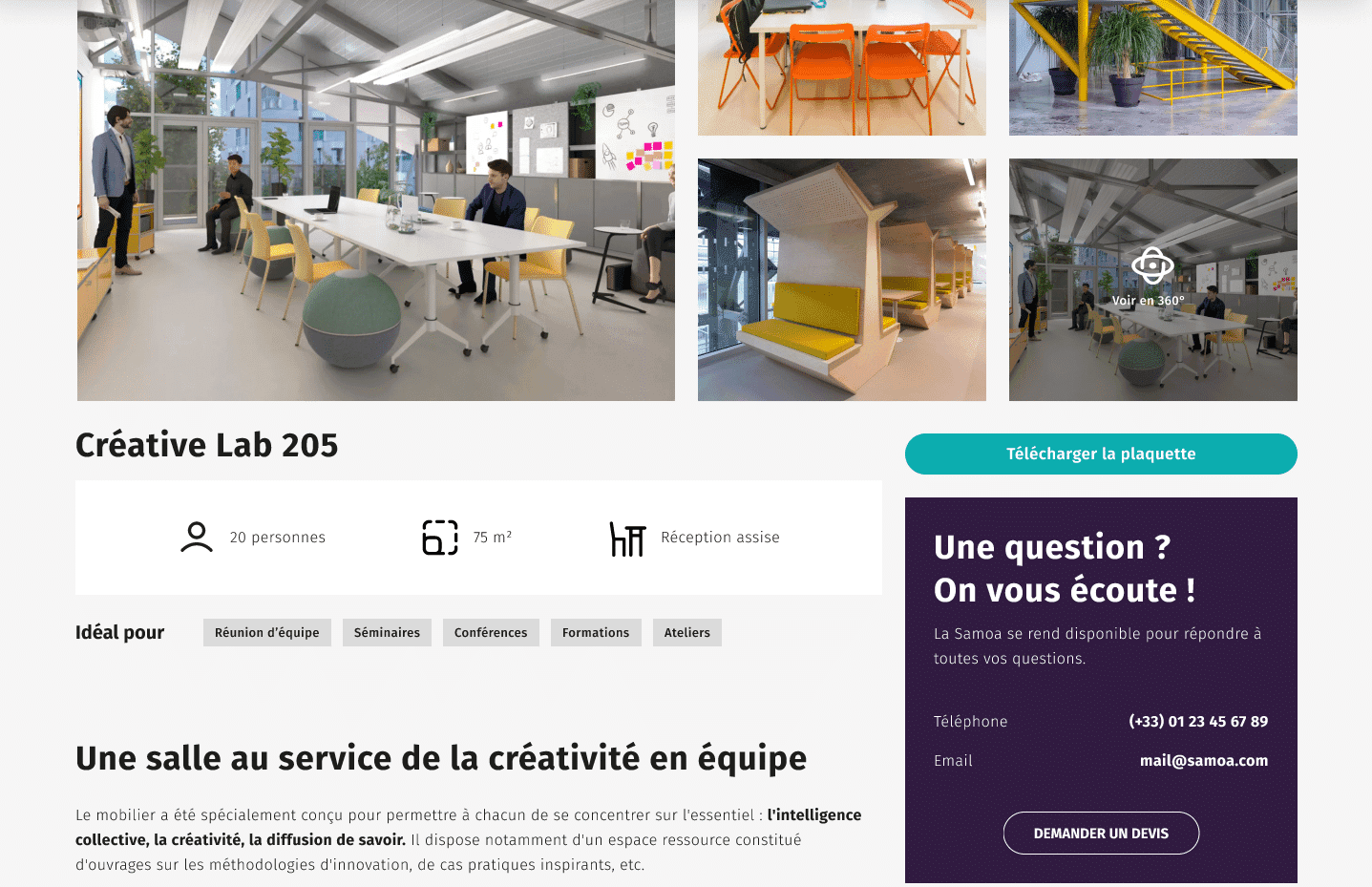 Une section présentant une sale à louer sur un site web, réalisée dans le cadre d'un projet d'ux/ui à nantes pour le compte de la Samoa