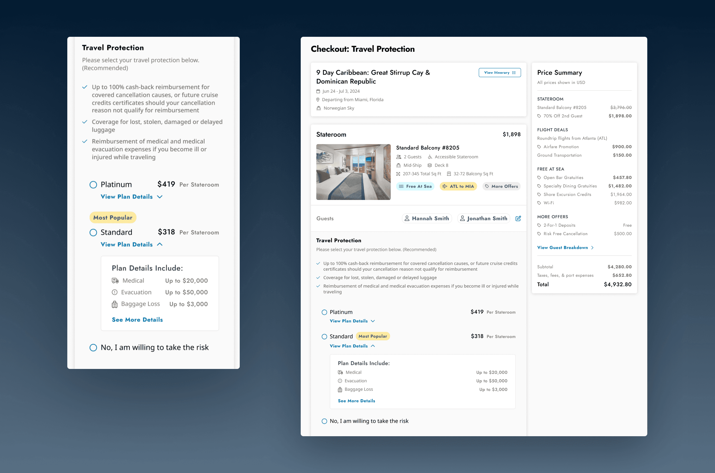 Travel protection — plan details expand inline so guests can make an informed decision without leaving the flow. Transparency over persuasion.