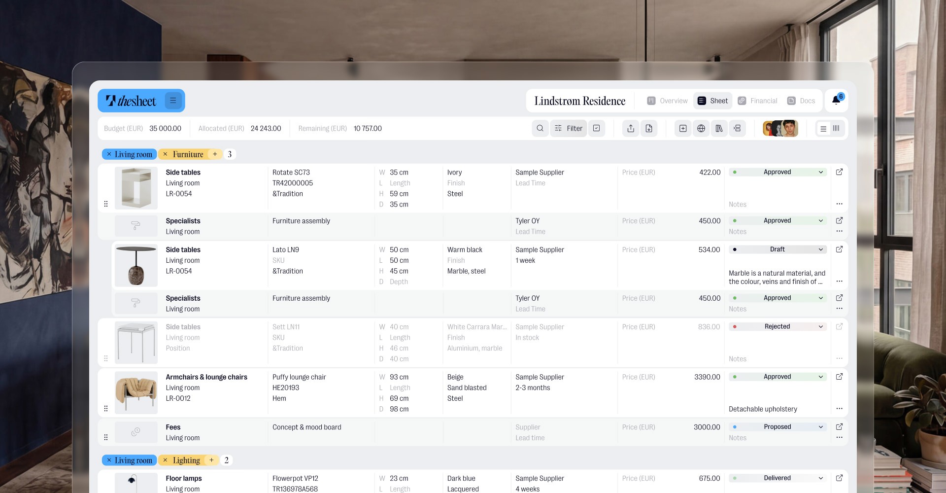 Spec sheet with products, rooms and statuses in thesheet