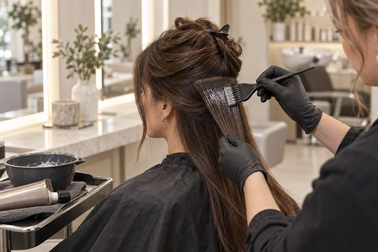 Colour gloss applied to brunette hair with a tint brush