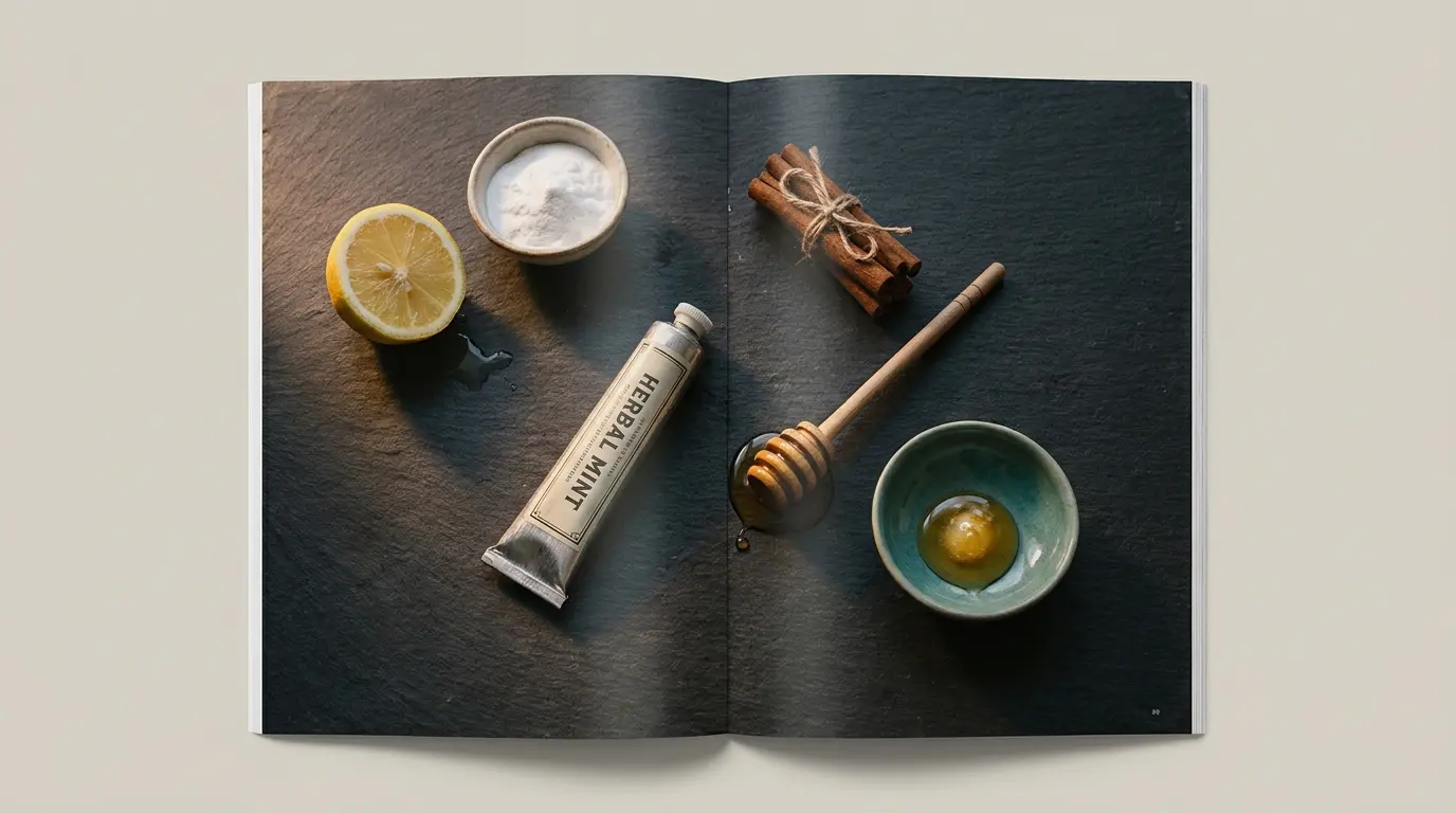 Flat lay of popular DIY acne home remedies including lemon, baking soda, and toothpaste