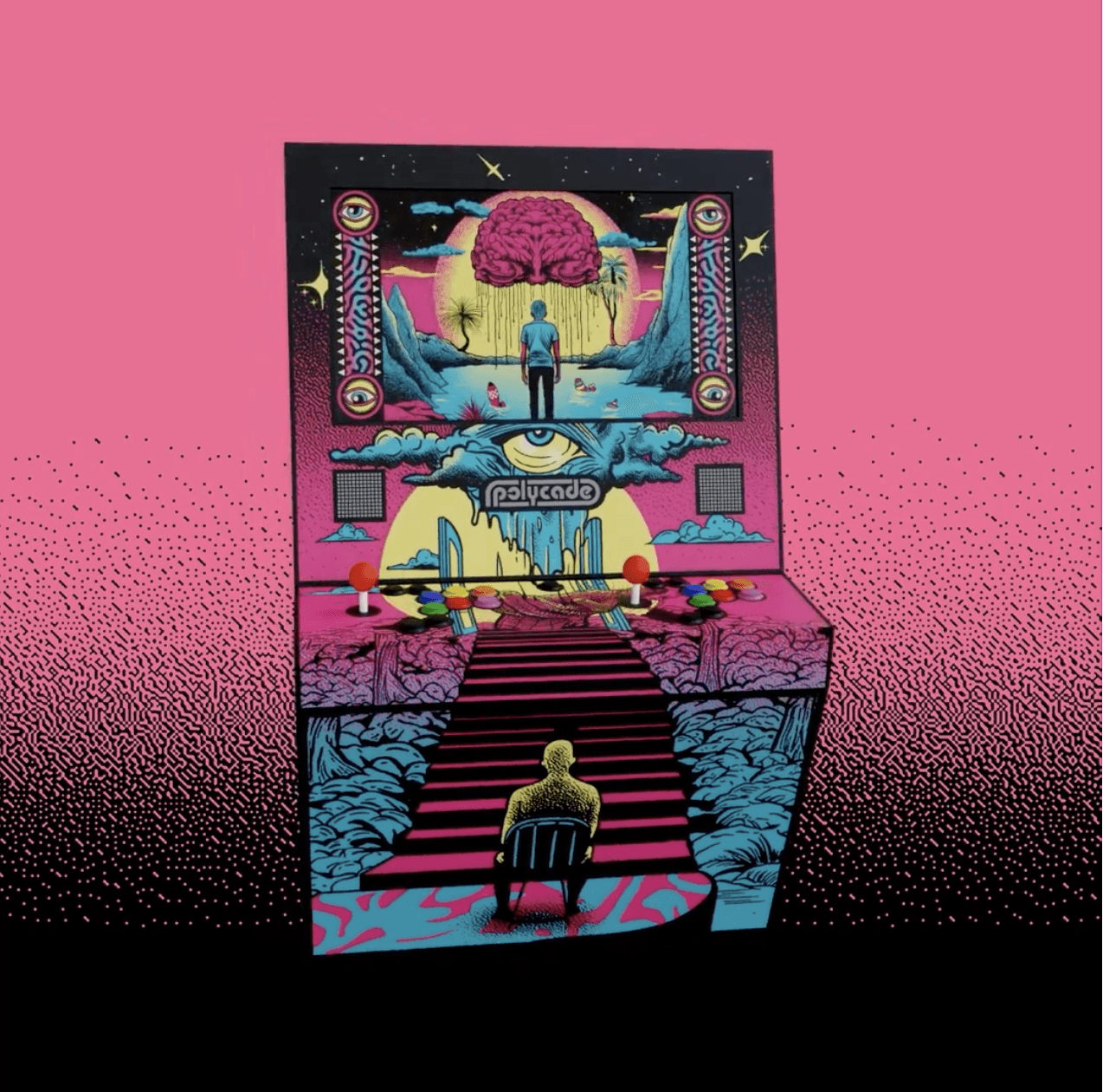 Surreal illustration of a lone figure ascending neon-lit stairs toward a glowing screen displaying a giant brain landscape, with a second figure standing below in a dreamlike, retro-futuristic environment.
