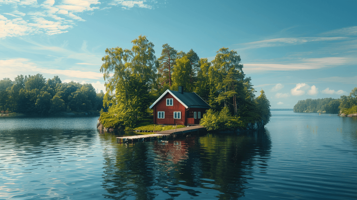A serene, small island with a red wooden cottage surrounded by lush trees. The calm water reflects the house and sky, evoking peace and isolation.