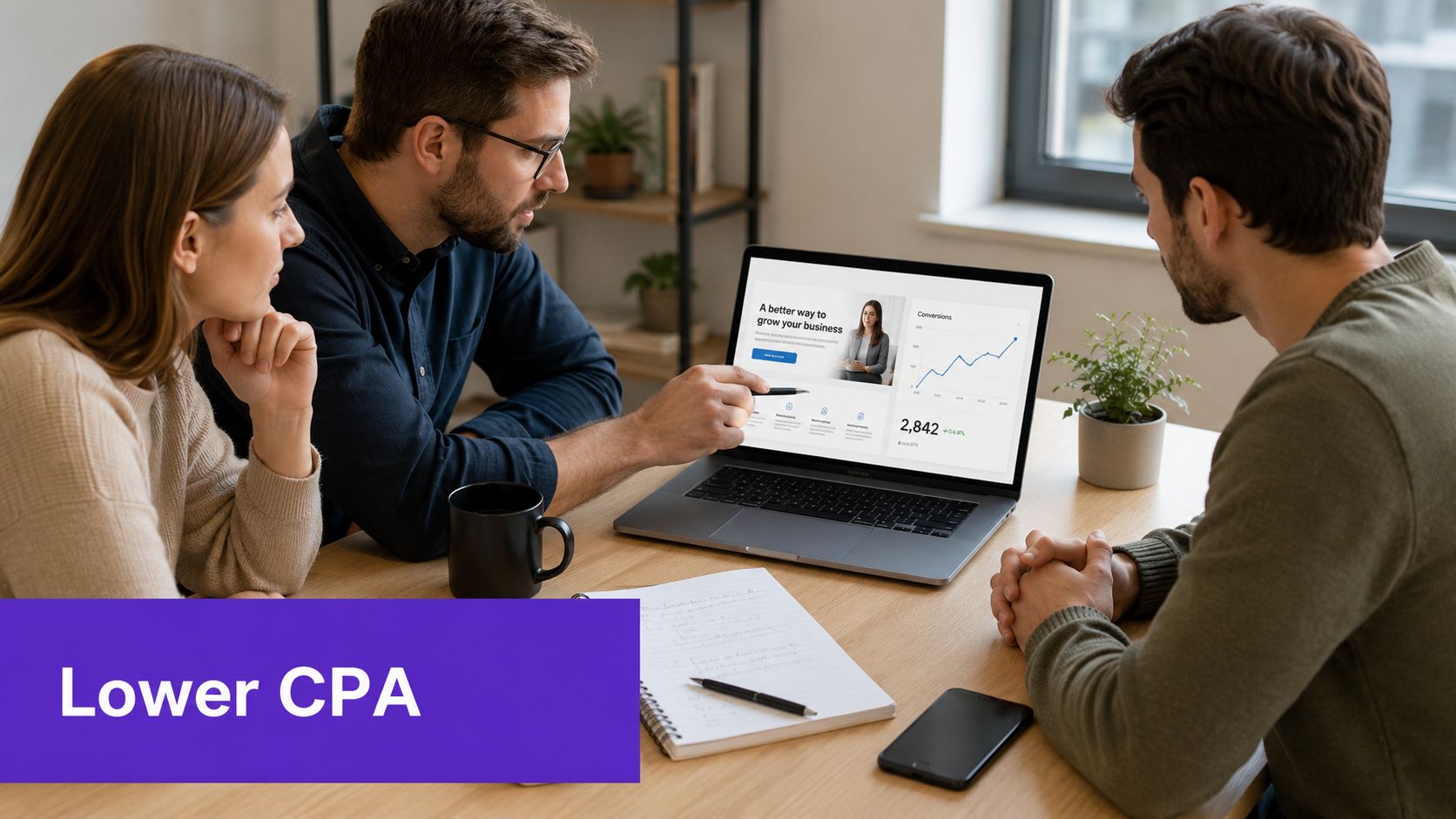 A professional team discussing business growth analytics displayed on a laptop screen in a modern office.