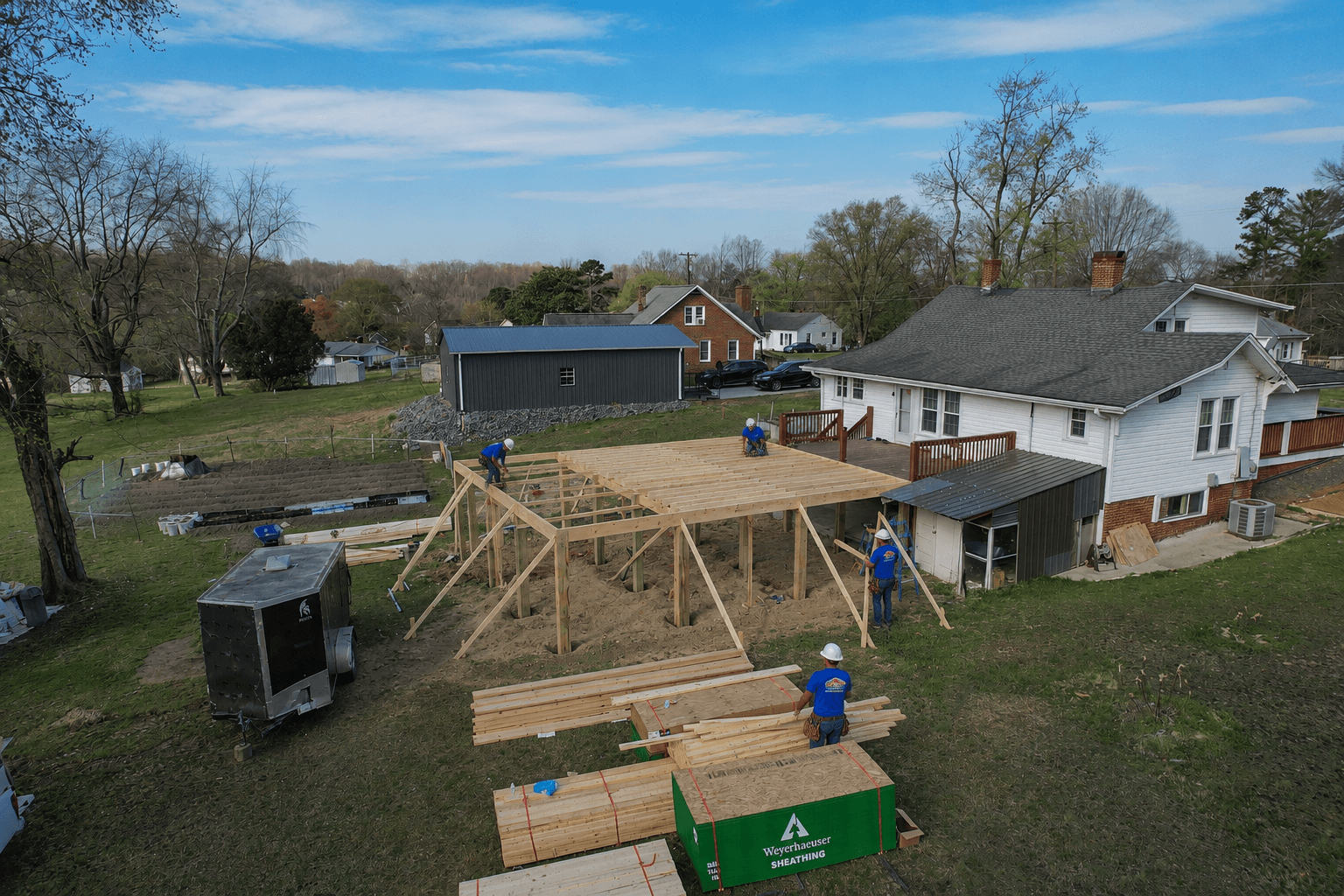 Home addition during framing and construction phase with roof structure and new room expansion in Mount Airy NC.
