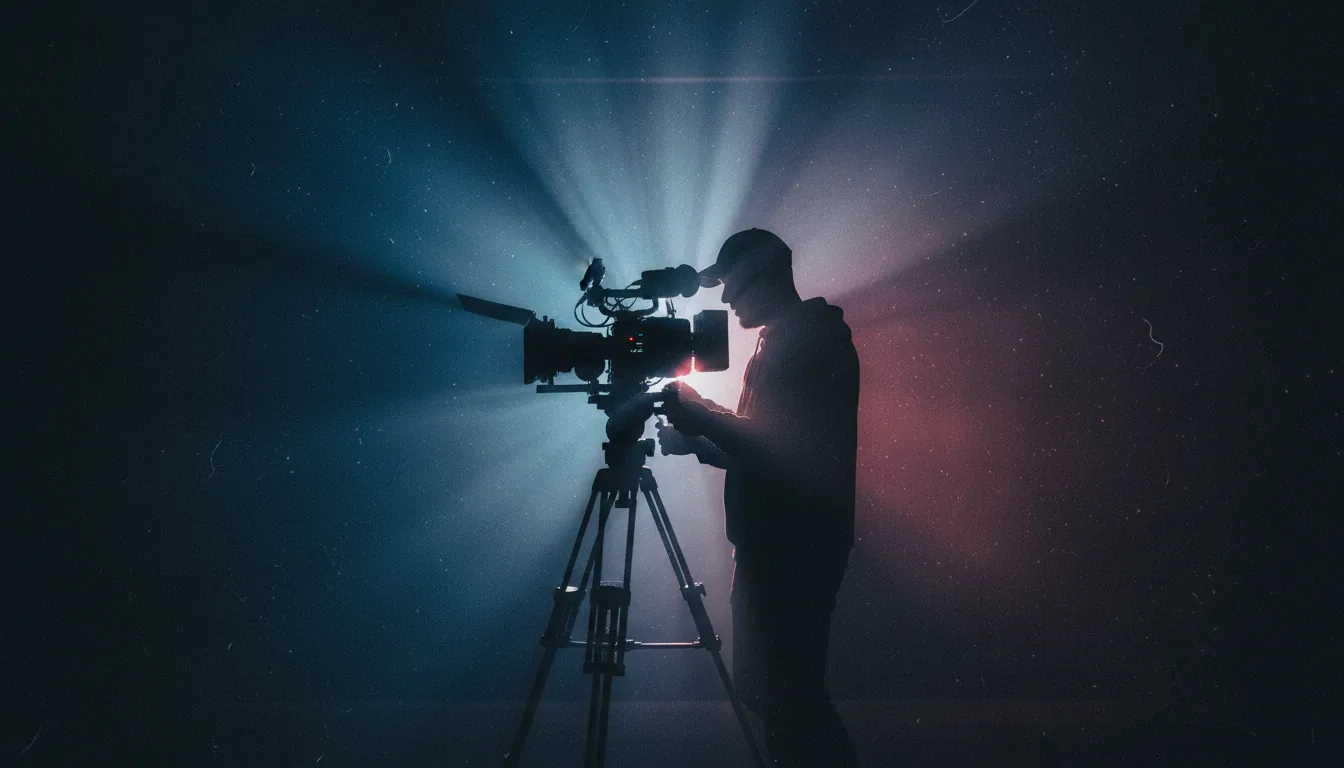 DSLR photograph, side profile silhouette of a video producer operating a professional cinema camera on a tripod. The scene is heavily backlit with intense, radiating volumetric light beams of vibrant blue and red, creating strong cinematic contrast. A hazy, atmospheric fog catches the light rays. The image has a prominent, fine film grain texture and a moody, focused feel.