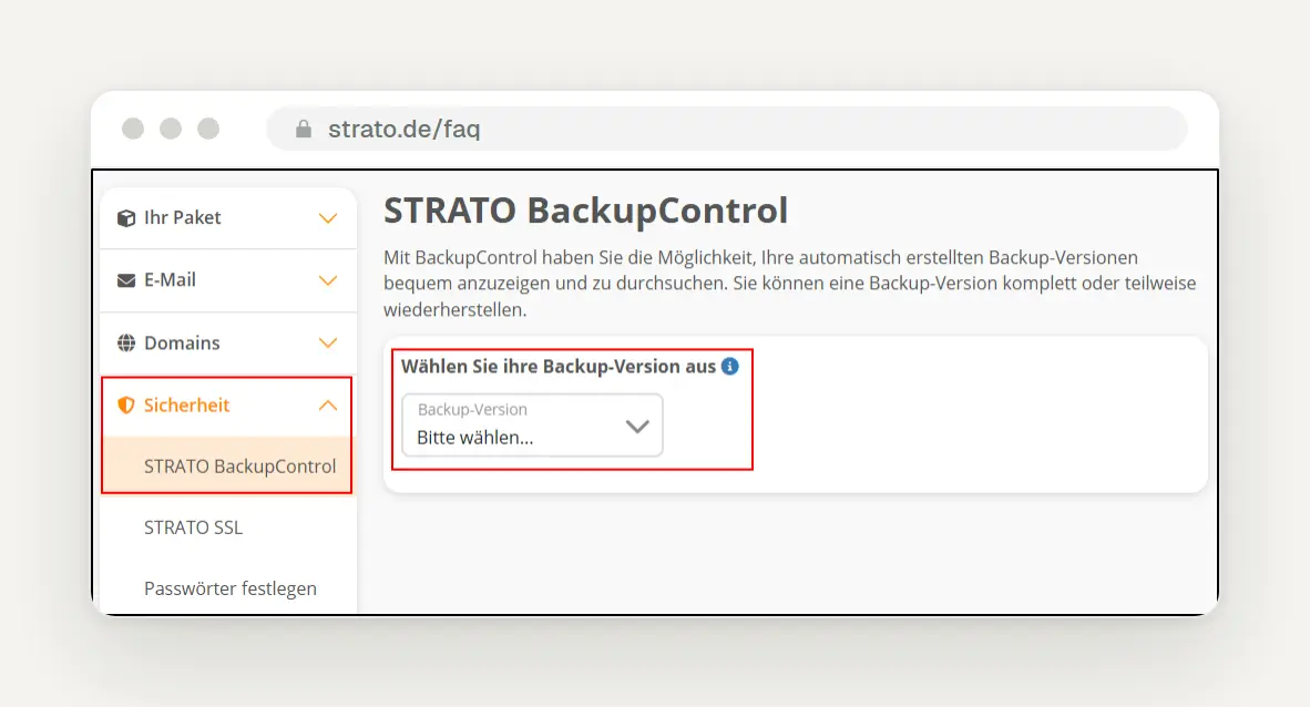 STRATO Package View: "Security" menu with the "STRATO BackupControl" option for selecting the backup version