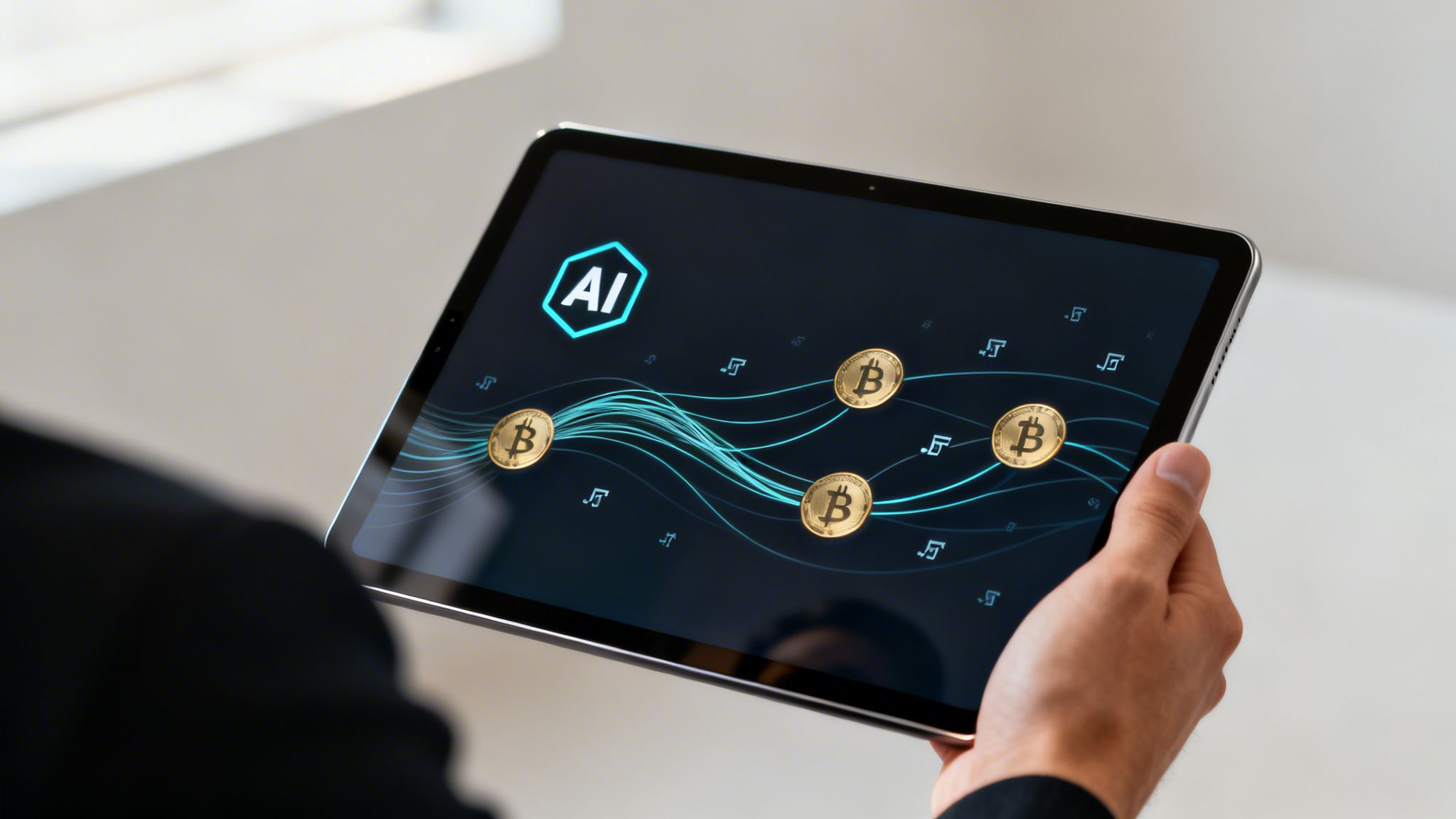 A person holds a tablet displaying an 'AI' logo, Bitcoin icons, and a digital data wave graph.