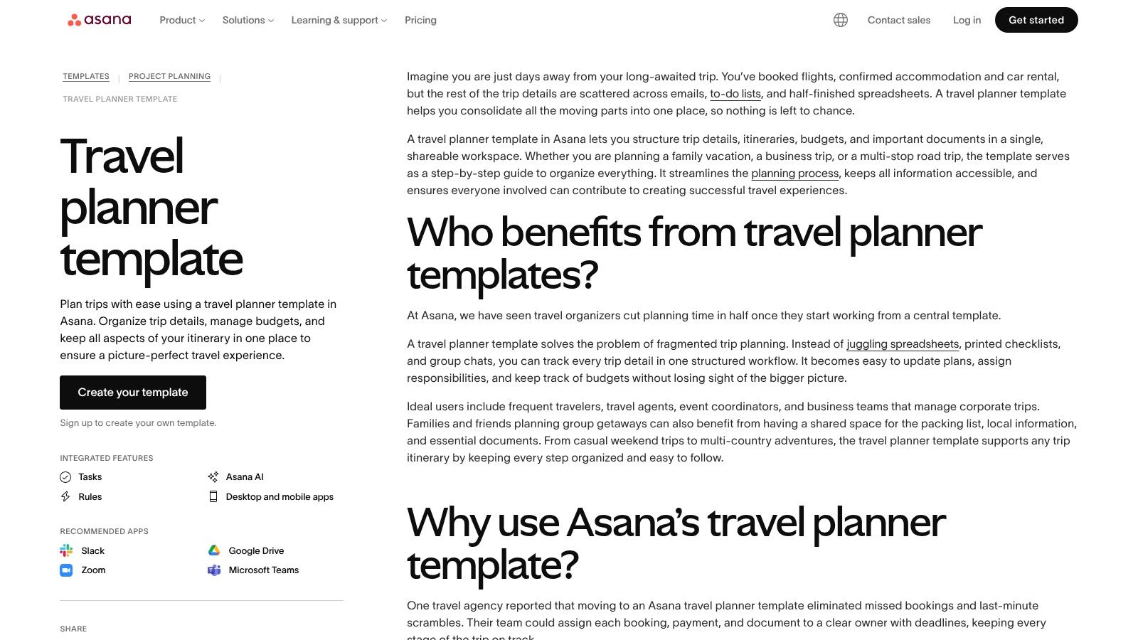 Asana – Travel Planner template