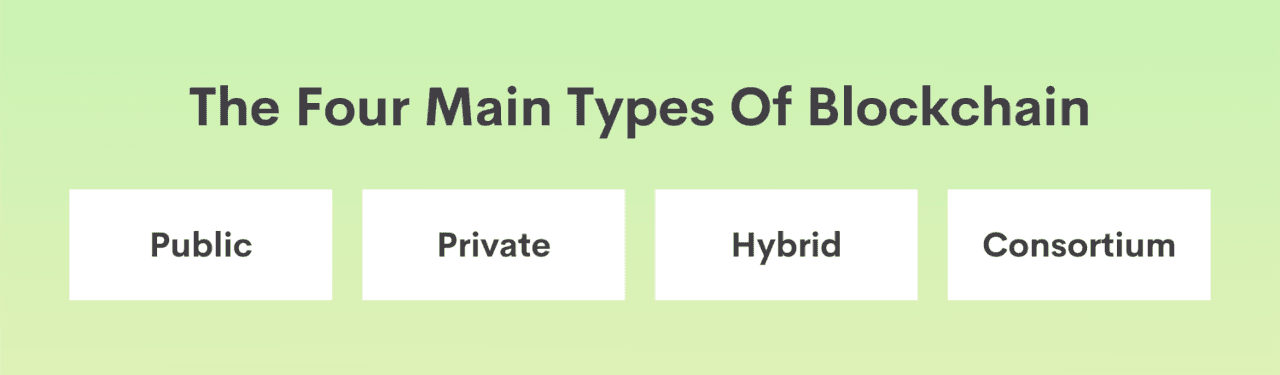Image of the types of blockchains, public, private, hybrid, consortium.u