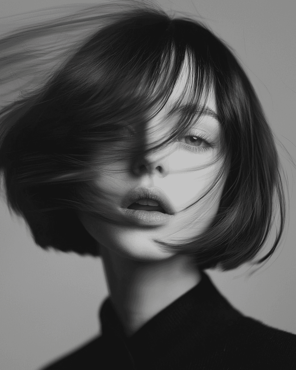 A cropped monochromatic photo of a young woman gazing into the camera, with short flowing hair