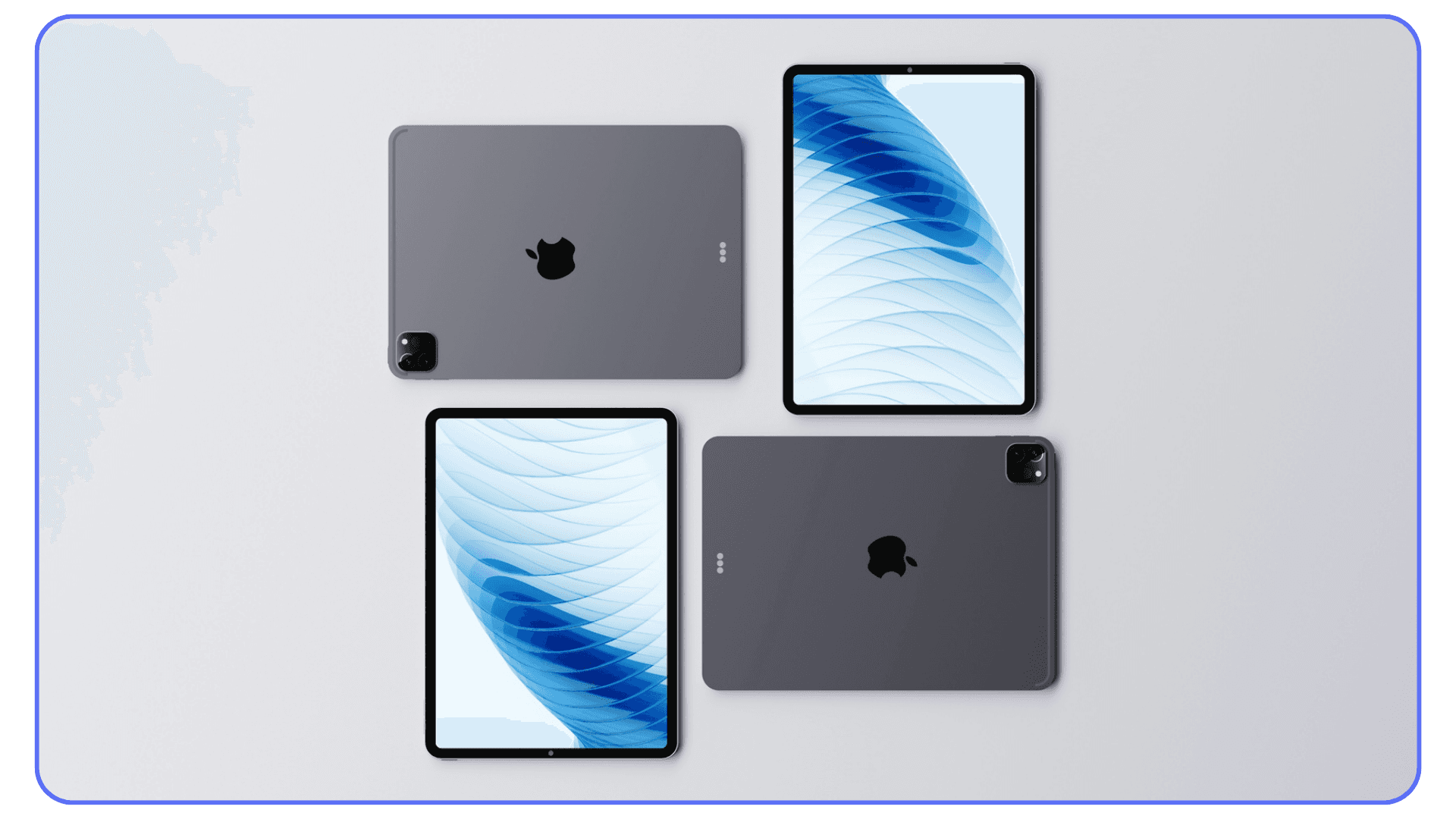 Four Apple iPads placed on a white background, showing both front and back views with blue abstract wallpapers on the screens.