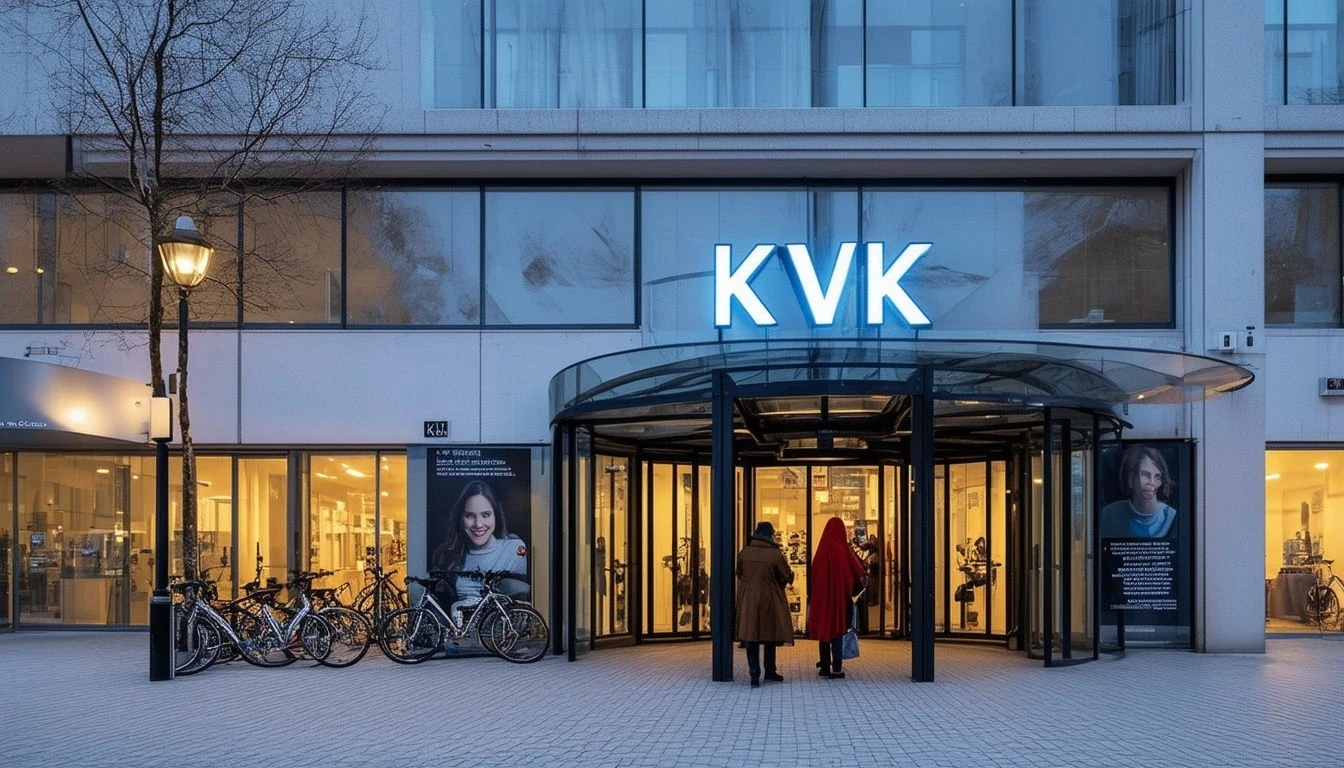 Vooraanzicht van een KVK-gebouw (Kamer van Koophandel) in Nederland, met fietsen geparkeerd voor de entree en mensen die het gebouw binnenlopen.