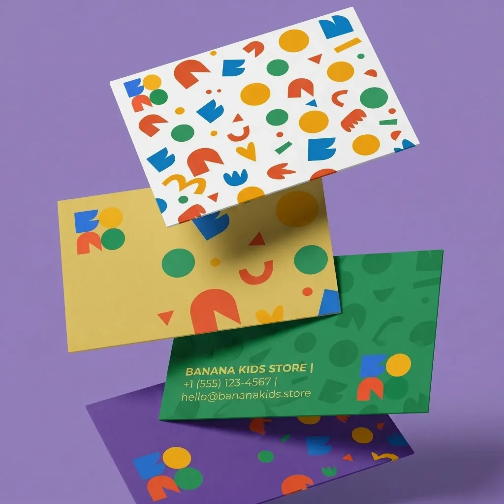 Colorful branding design on business cards by a branding expert.