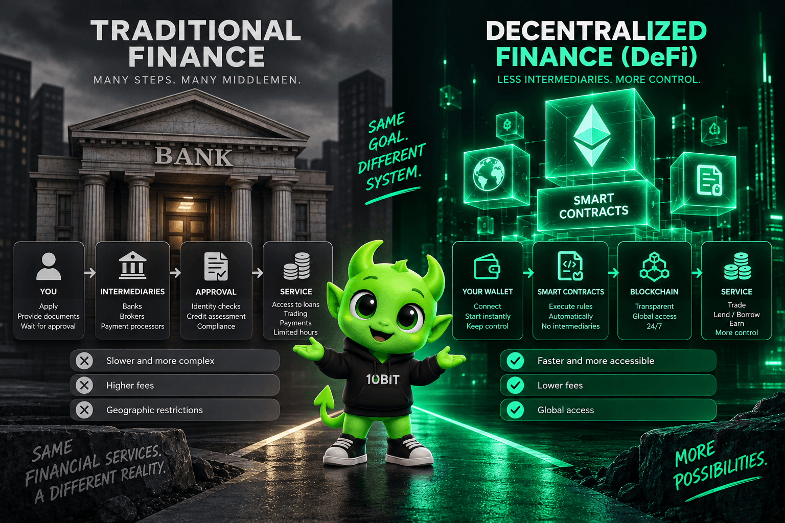 Comparison of traditional finance using banks and intermediaries with DeFi using wallets smart contracts and blockchain