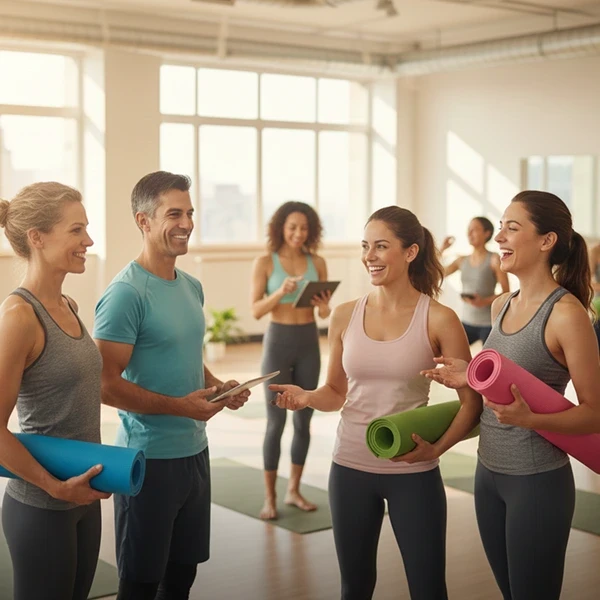 A group of people in a bright yoga studio holding mats and talking to a male coach.