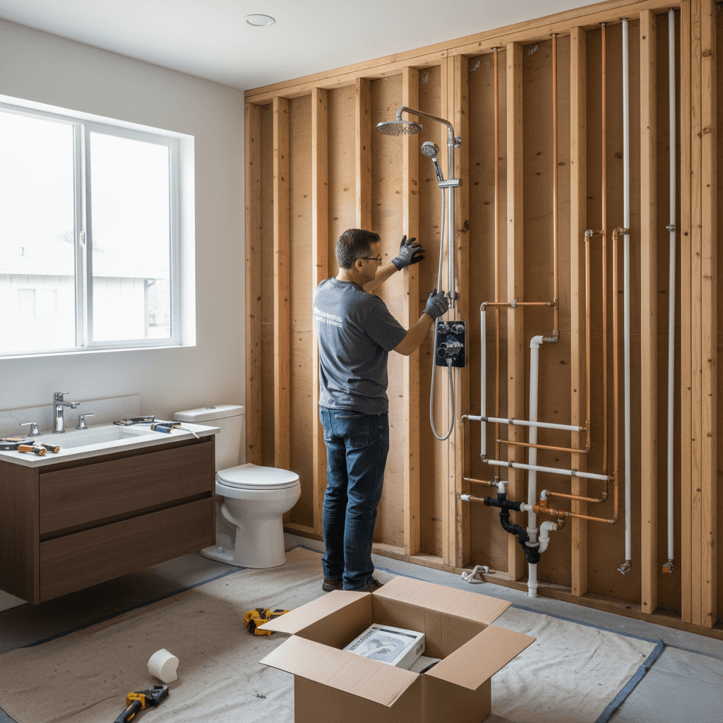 A PEI Builder crew member installing a shower light fixture during a bathroom remodel.