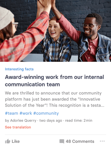 tchop™ employee app interface showcasing an award-winning internal communication post, highlighting team achievements and fostering community interaction with features for reacting, commenting, and engaging in discussions.