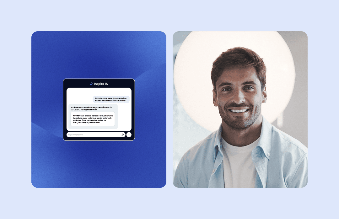 Montagem lado a lado mostrando a interface da inteligência artificial 'Inspira IA' respondendo a uma dúvida jurídica à esquerda, e Henrique Ferreira sorridente de camisa azul à direita, representando um usuário satisfeito ou profissional da área