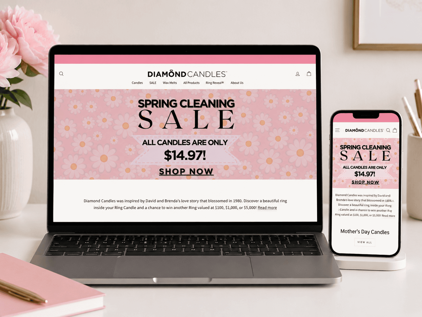 Diamond Candles Shopify website mockup shown on a laptop and smartphone for an ecommerce candle brand website project