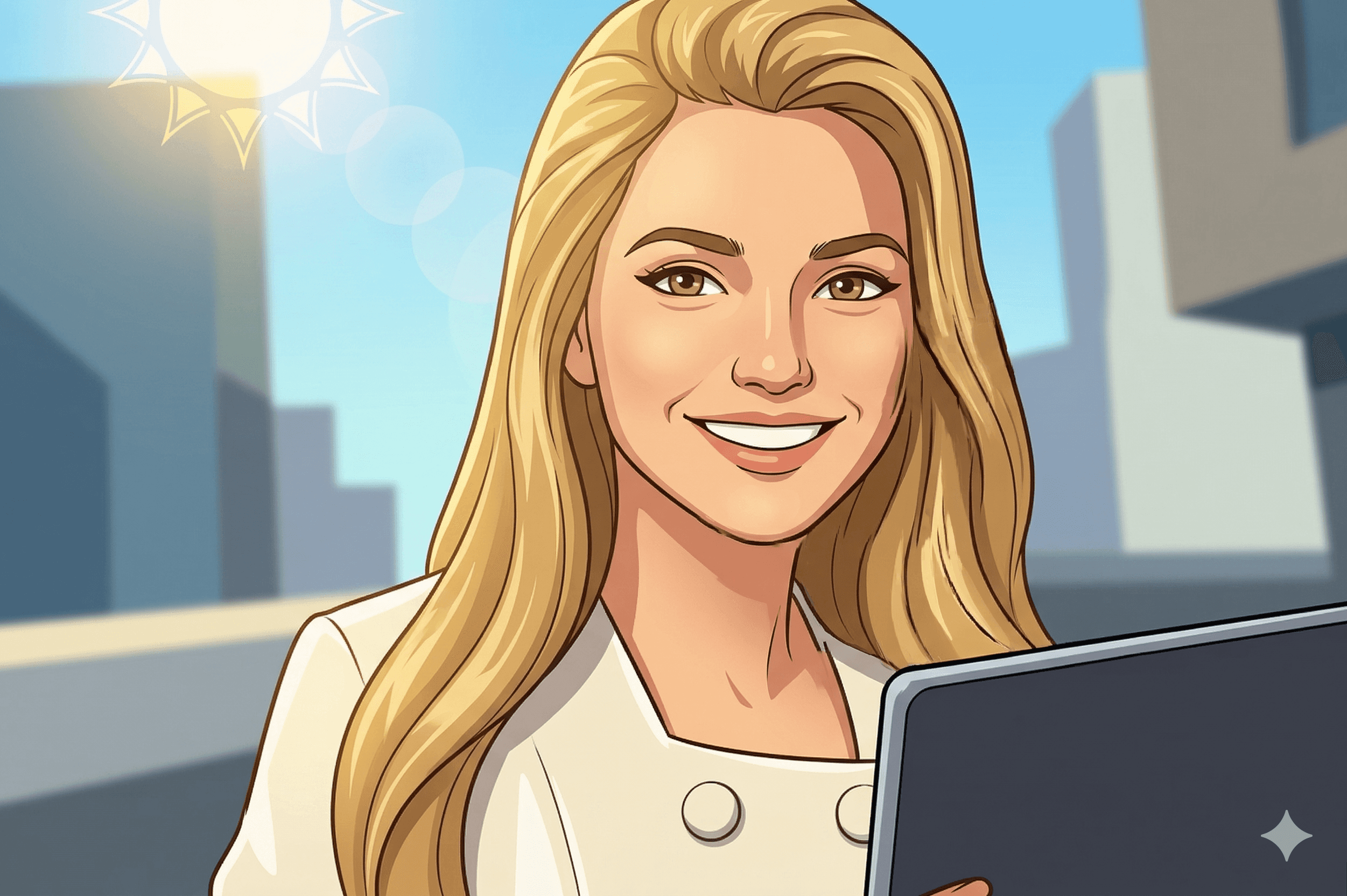 Illustrated headshot of Liz Hargreaves with blonde hair wearing a cream blazer, smiling while holding a tablet against a bright cityscape background.