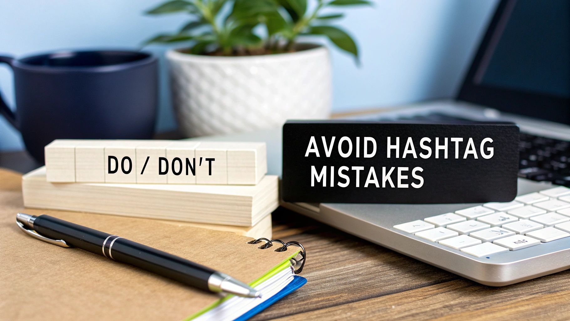 Desk with blocks saying 'DO/DON'T' and 'AVOID HASHTAG MISTAKES', illustrating hashtag strategy.