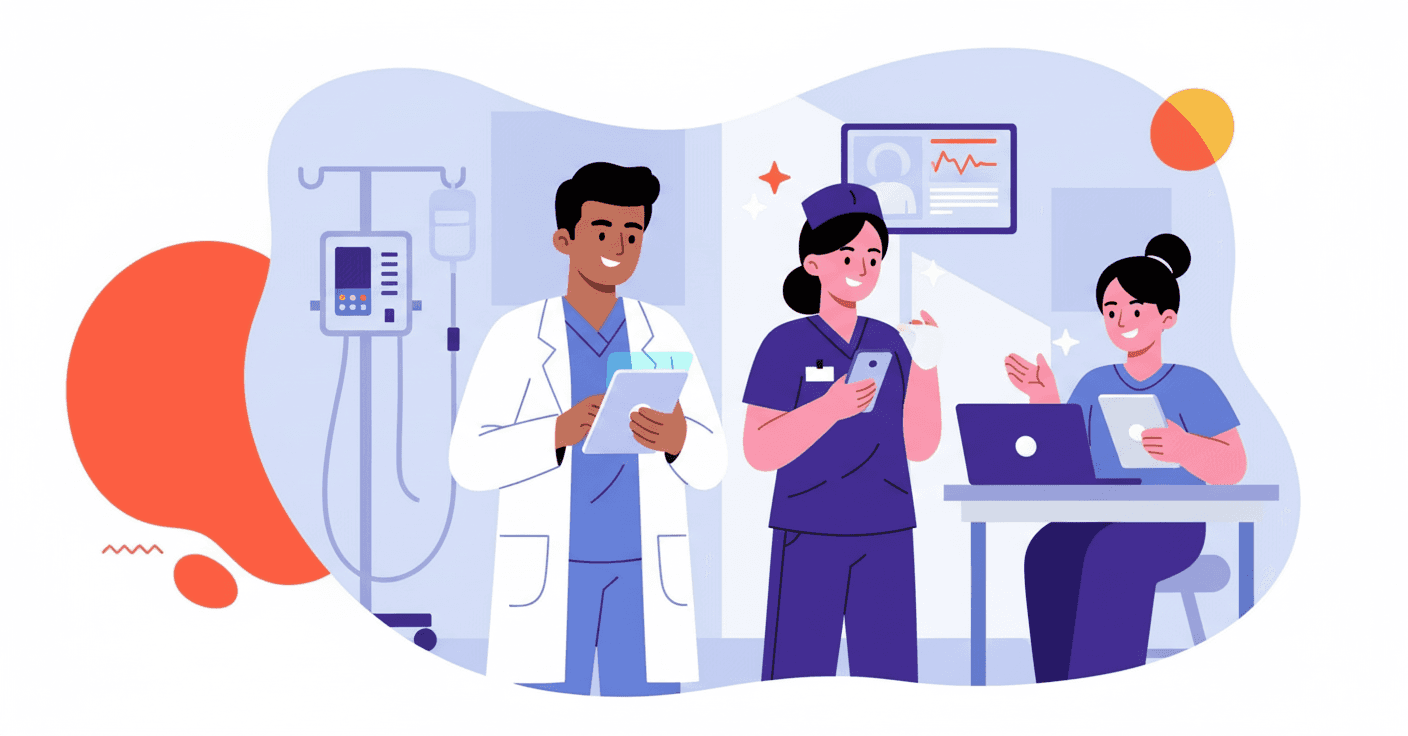 A diverse group of healthcare workers in a modern hospital setting, including a physician in a white coat, a nurse in scrubs, and a certified nursing assistant, all engaged with digital learning on mobile devices and tablets. The scene should show a bright, professional healthcare environment with medical equipment in the background. The workers should appear focused and engaged, representing ongoing professional development. Clean, modern, professional healthcare aesthetic with natural lighting.
