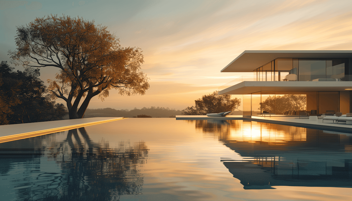 Modern luxury house with infinity pool at sunset, featuring sleek architecture and serene reflections in warm hues.