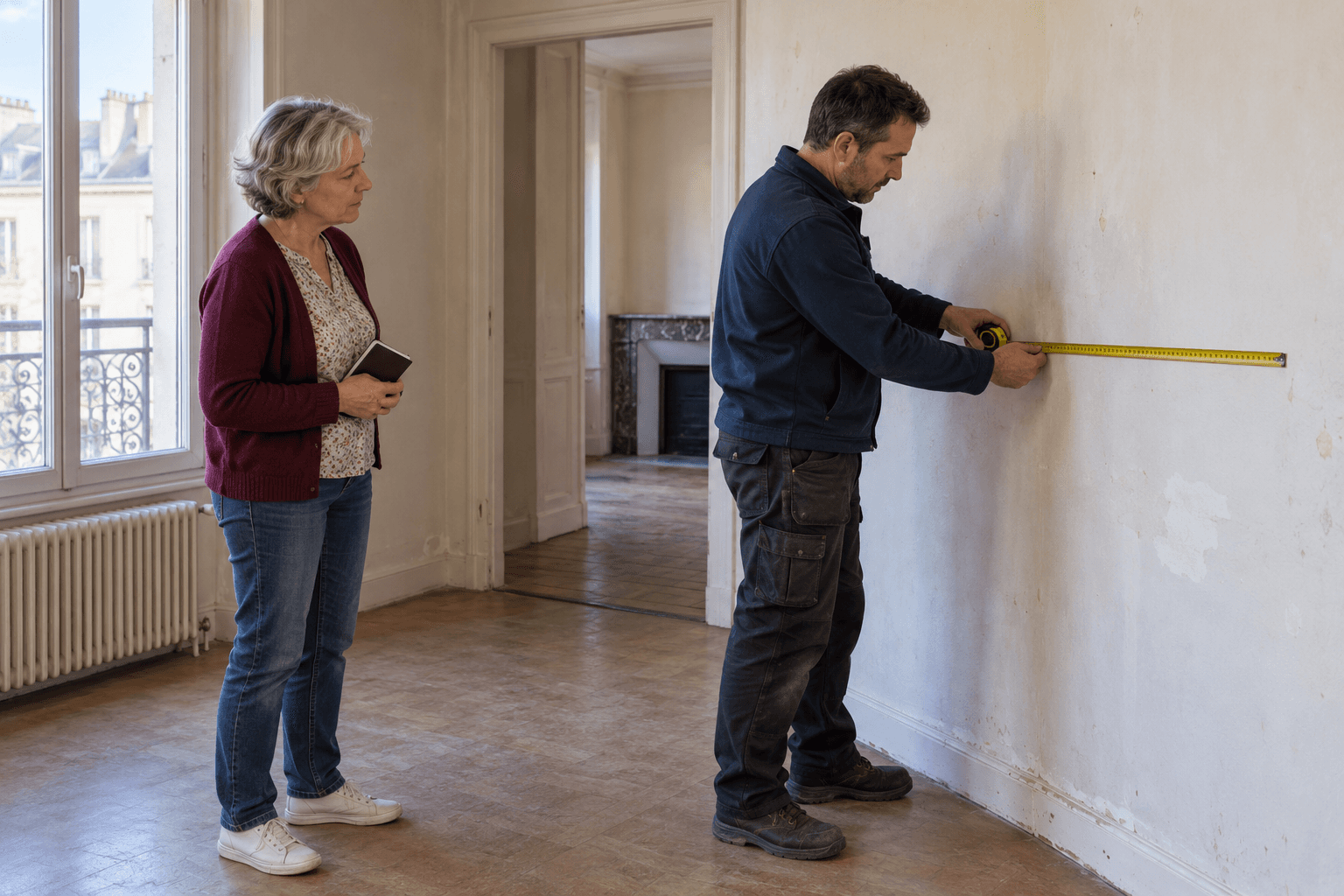 Une propriétaire observe un artisan qui mesure un mur intérieur dans une pièce à rénover.